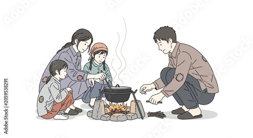 Canvastavla A Poor Refugee Family Cooking Together Over an Open Fire