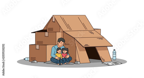 Canvastavla Homeless Father and Daughters Sitting in Cardboard Shelter