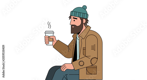 Fotografie Cartoon Homeless Man Holding a Hot Cup of Coffee
