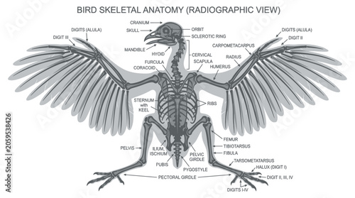 Obraz na plátně Bird skeletal anatomy radiographic view with detailed bone labels