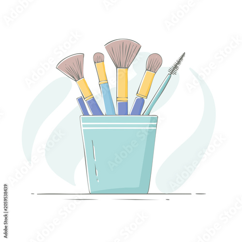 Flat Design Illustration of Makeup Brushes in a Cup