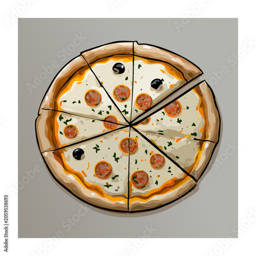 Sliced pepperoni pizza flat illustration