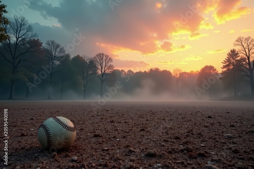 Abandoned baseball field at dusk with mist and haze, lone baseball lies on dusty ground , abandoned, mist, fog