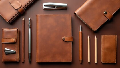 Brown leather business set with notebook planner pens stapler and card holder. Office supplies arrangement for pro work. Modern desk organization for executive tasks.