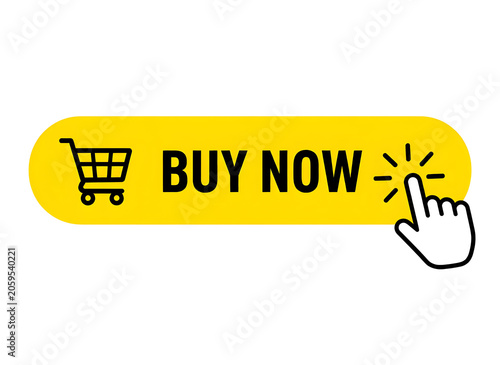 Yellow button with shopping cart and hand clicking buy now for online shopping
