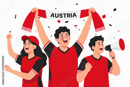 Vector illustration of enthusiastic Austrian football supporters celebrating a victory with national colors, fan scarf, cheering crowd, and festive atmosphere. Ideal for soccer tournaments, champions