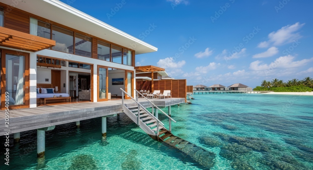Fototapeta premium Luxury overwater villa with turquoise water and blue sky vacation destination