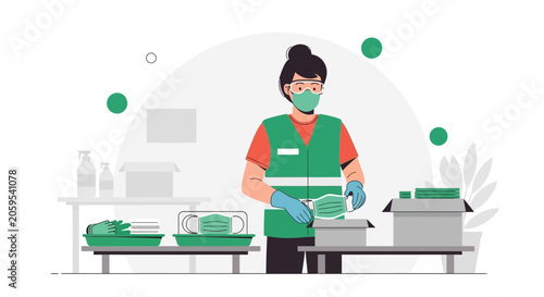 Warehouse worker in mask and gloves packing medical supplies, safety and logistics