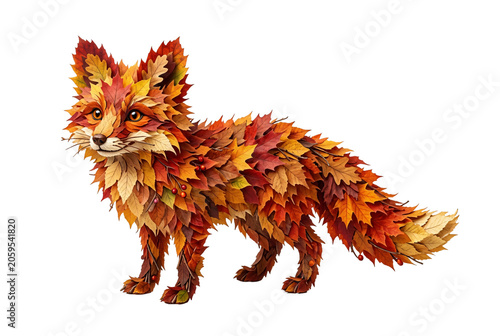 Whimsical digital art fox figure crafted entirely from layered autumn maple leaves in vivid red, orange, yellow, and brown tones with scattered berries and twigs.