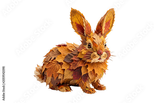 Charming digital art rabbit sculpted entirely from autumn maple and oak leaves in warm amber, rust, red, and gold tones with fluffy white cotton-tail detail.