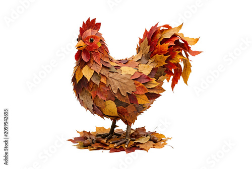Decorative rooster figure made from layered autumn leaves in red, orange, and brown, standing on acorns and twigs.