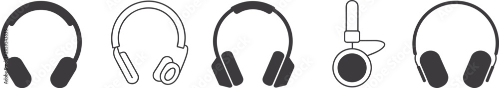 Obraz premium Five black headphone icons set over ear on ear wireless and bone conduction styles