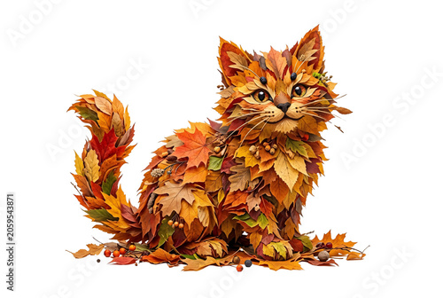 Adorable autumn cat illustration composed from layered fall leaves in orange, red, and gold with berries and acorns.