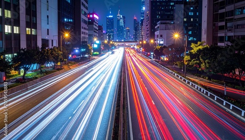 Long exposure of city traffic at night with high-rises