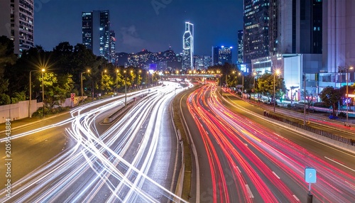 Highway at night, streaks of car lights in urban city