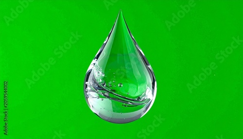 Transparent water droplet with internal detail on green background