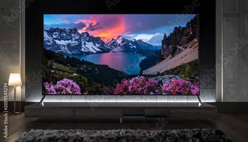 Large screen displays a vibrant mountain landscape