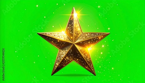 Shiny, golden five-pointed star on bright green background