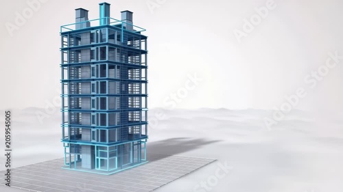Modern 3D Blueprint of a Medical Research Tower in a Static Wide Shot