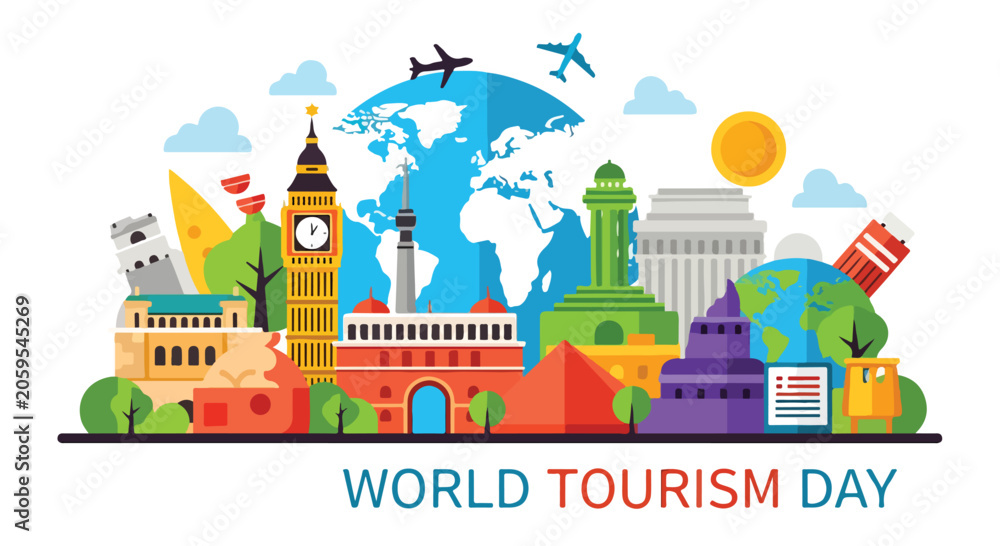 Fototapeta premium Colorful landmarks worldwide celebrate World Tourism Day