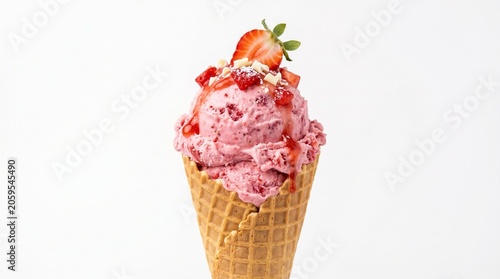 Fotografía Strawberry ice cream cone with fresh fruit topping in bright studio lighting for summer dessert advertising