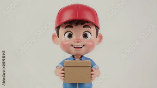Cute 3D Delivery Boy Character Holding Cardboard Box with a Smile