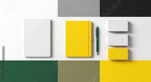 Modern Minimalist Stationery Mockup with Yellow and White Elements.