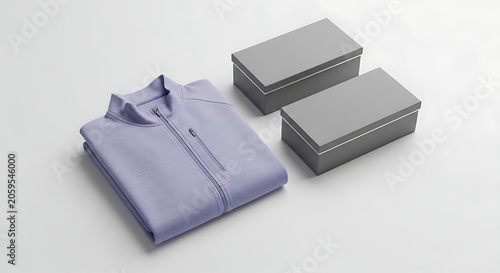 Minimalist Flat Lay of Folded Lavender Shirt and Two Gray Boxes.