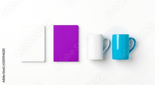 Minimalist Flat Lay of Office Supplies - Notebooks and Mugs.