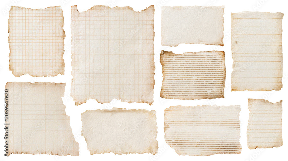 Fototapeta premium Vintage Journal Paper Scraps with Aged Cream Texture Isolated on White