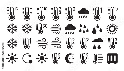 Photos Modern weather forecast icon collection with temperature scales and climate phenomena