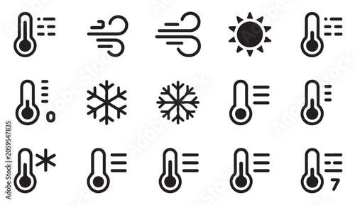 Weather icon set featuring wind sun snowflakes and thermometers with various indicators.