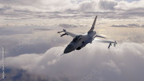 Konstfotografi Fighter Jet Over Clouds 3D Rendering — Modern Military Aircraft Flying Above Oce