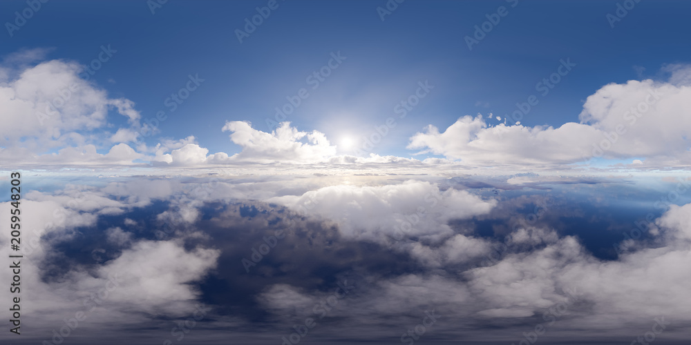 Obraz premium Sunrise Above Fluffy Clouds Over Vast Blue Sky With Soft Sunlight — 3D Rendering