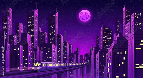 Futuristic purple synthwave city with monorail and moon.