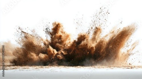 Brown dust explosion on a clean white background, cinematic style, detailed particles. 