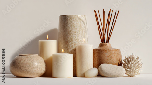 Candles and home decor items isolated on pure white background, minimalist aesthetic