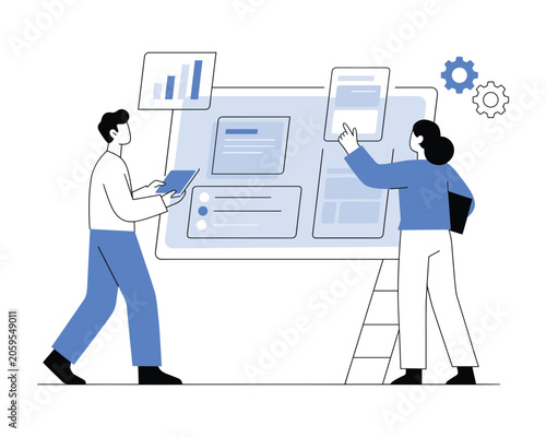 Team collaborating on digital project development, vector illustration