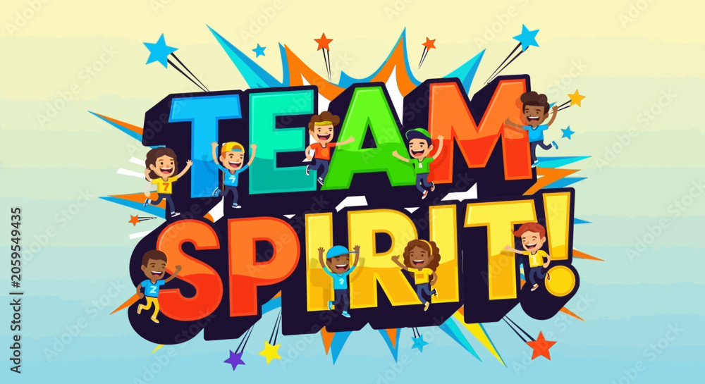 Fototapeta premium Team Spirit Comic Style - Diverse Kids Cheering Together