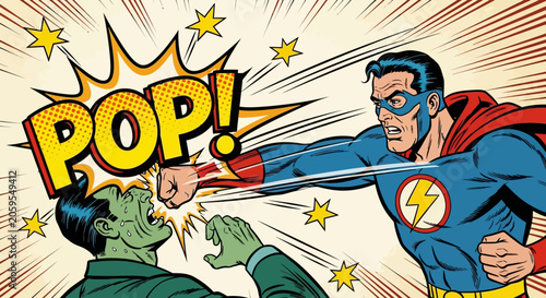 Superhero Punching Villain in Comic Book Style