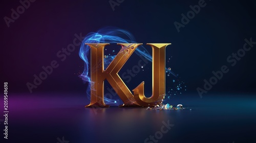 Golden letters KJ with glowing blue smoke and light particles on a dark background for modern brand identity design
