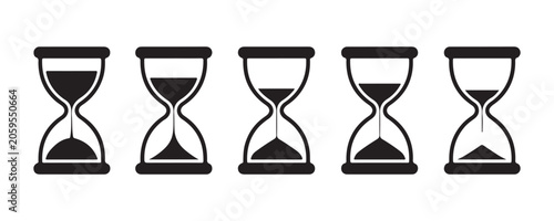 Quadro su tela Five hourglass icons illustrating time progression with different amounts of sand, symbolizing measured moments