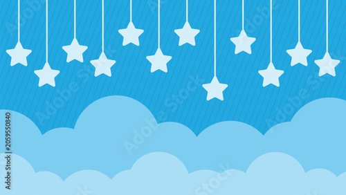 Cute children's background featuring hanging stars above fluffy clouds, perfect for nursery themes, bedtime stories, and educational content.