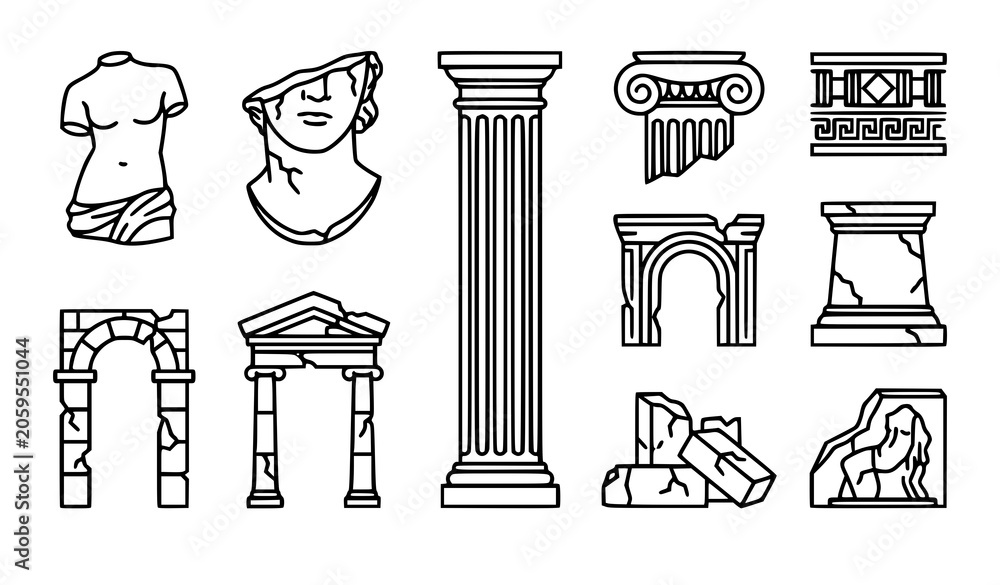Naklejka premium Ancient Roman and Greek architecture icons set including classic columns pillars arches broken statues stone ruins capitals and monuments.