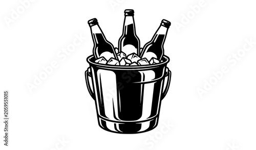 Photos Vintage hand drawn sketch vector illustration of three glass beer bottles chilling inside a classic metal ice bucket with side handles