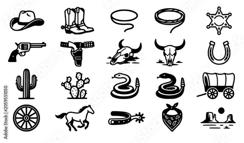 Quadro su tela Wild west cowboy line icons set including hat boots lasso sheriff star gun skull horseshoe cactus wagon horse and spur elements