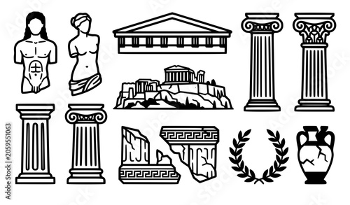 Slika na platnu Ancient Greece line icons set including classic temple ruins columns pillars statues acropolis laurel wreath and broken amphora pottery elements