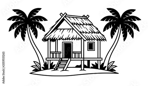 Принти на полотні Vintage hand drawn sketch vector illustration of a tropical bungalow stilt hut on a small island flanked by two palm trees