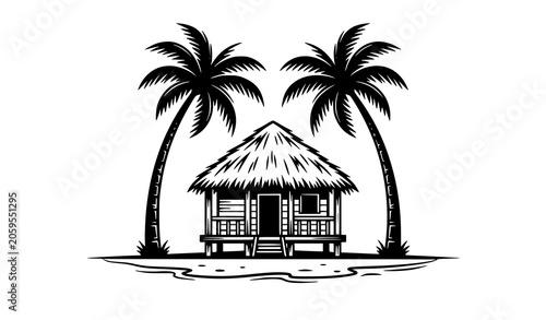 Fotografie Vintage hand drawn sketch vector illustration of a tropical bungalow stilt hut on a beach island symmetrically flanked by two palm trees