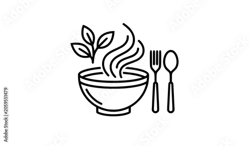 Tableau sur toile Minimalist black and white line art vector icon of a hot steaming food bowl with fresh green leaves fork and spoon elements
